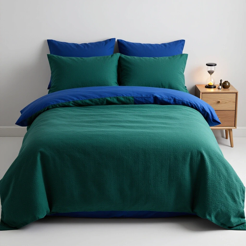A serene bedroom setup with a neatly made bed, inviting bedding, a nightstand with a glowing hourglass, and hints of clutter for a calming atmosphere.