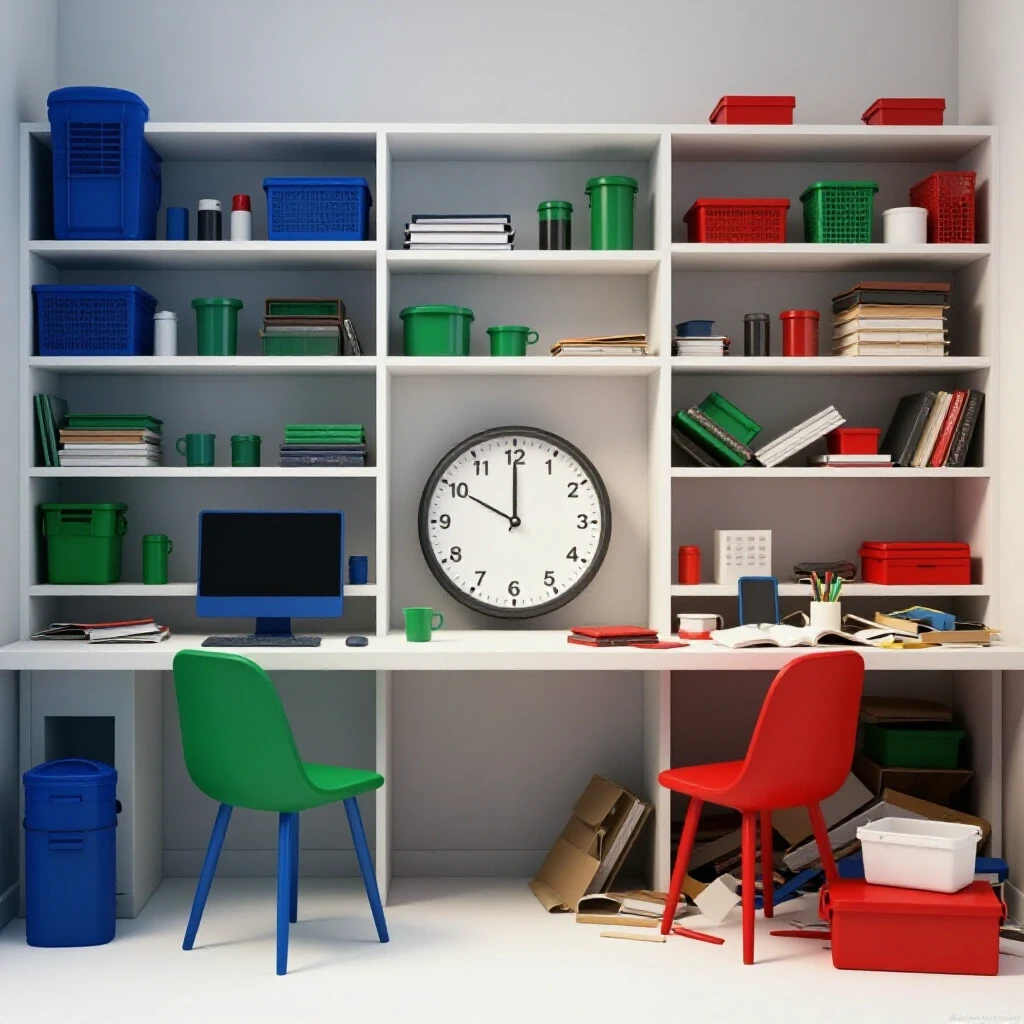 A visually striking image showing a transition from a neatly organized space to a cluttered area, with a clock symbolizing a 15-minute decluttering habit.