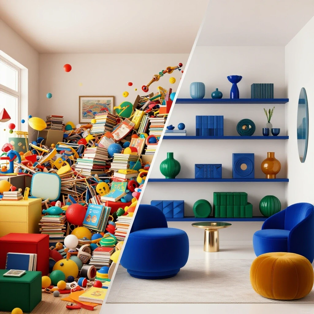 A visual representation showing the transition from a cluttered family space filled with vibrant colors to a serene, organized area, illustrating decluttering.