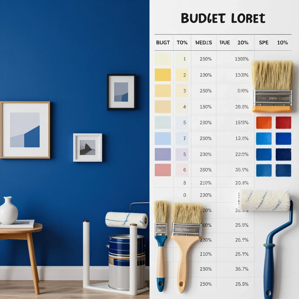 A visually striking split-screen of a painted accent wall in deep royal blue and a budget breakdown with paint supplies.