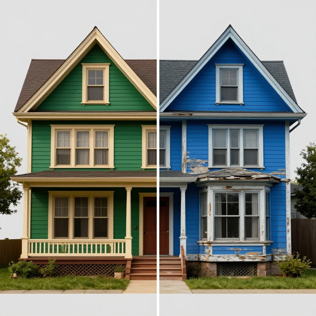 Aged home showcasing warm colors on one side and cool-toned close-up of wear and tear on the other to illustrate maintenance costs.