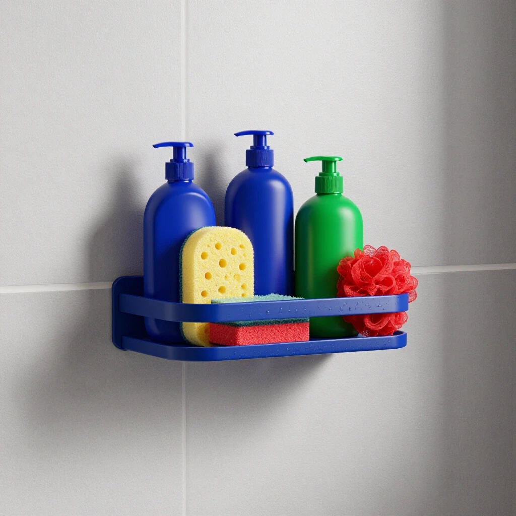A vibrant adhesive shower shelf showcasing colorful bath accessories set against a textured bathroom tile background with water droplets.