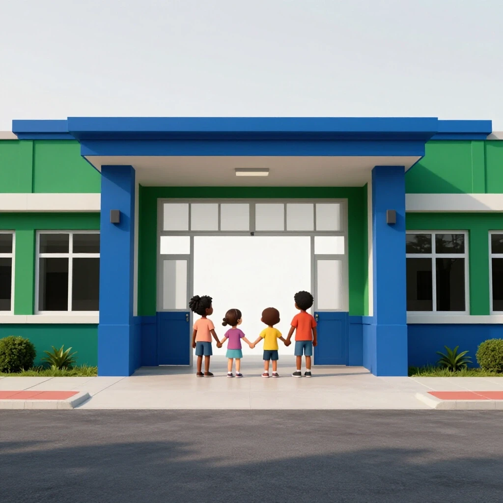 A bright and inviting school entrance with a family symbolically holding hands, representing new beginnings for families adjusting to a new school district.