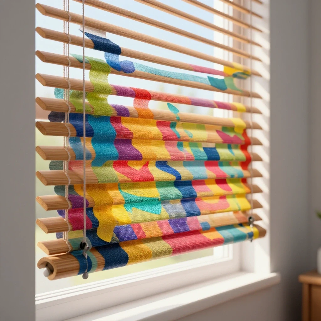 A close-up of a colorful window blind with a temporary repair, set in a sunlit room, evoking DIY creativity.