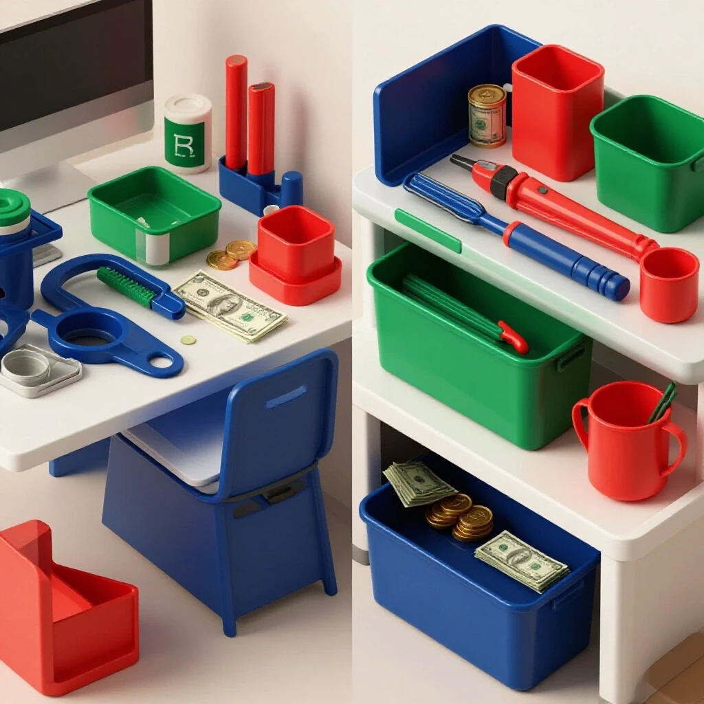 A striking visual showing a messy workspace transitioning to an organized area with vibrant colors and elements symbolizing affordability.