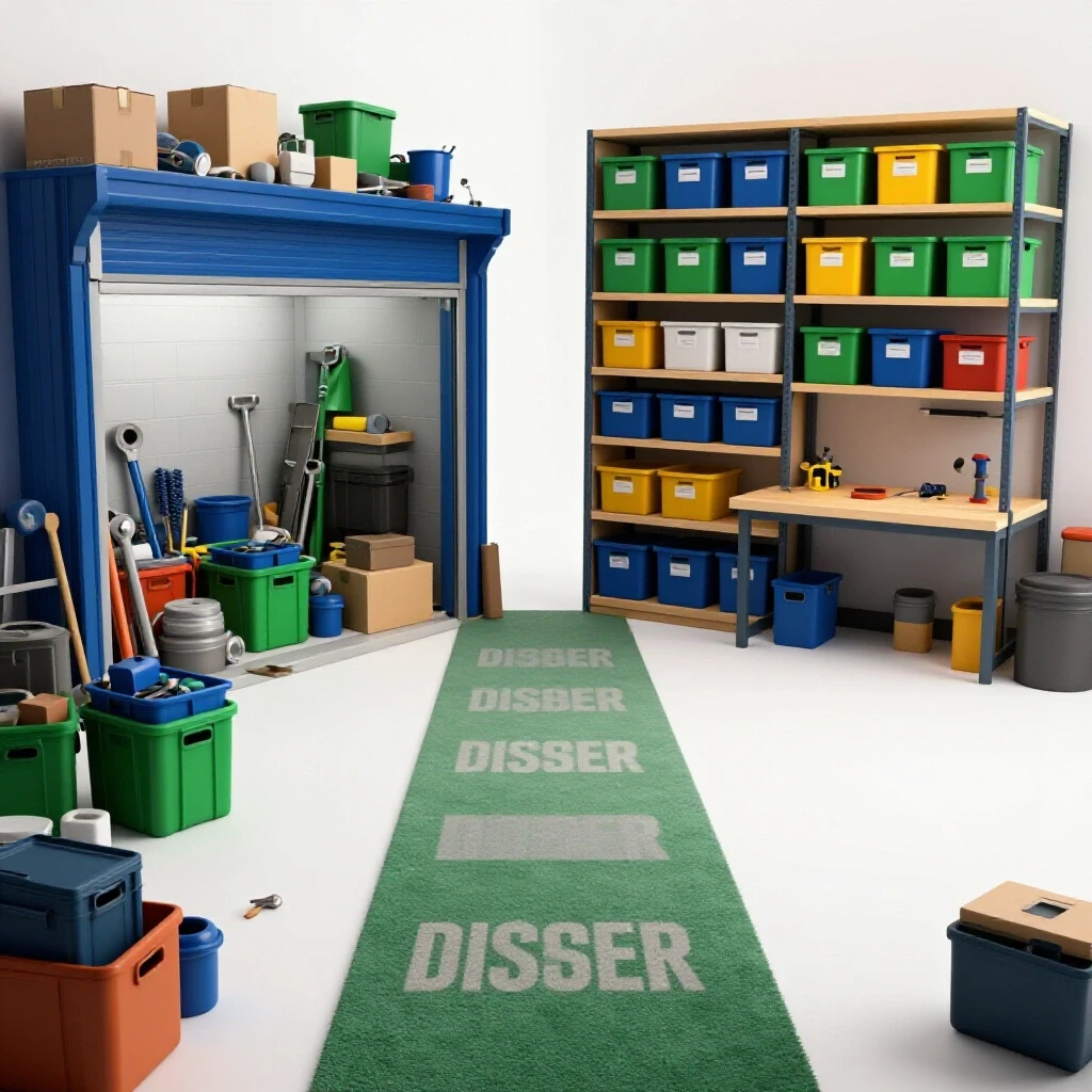 A striking visual split image showing a cluttered garage on one side and an organized storage space on the other, symbolizing transformation.