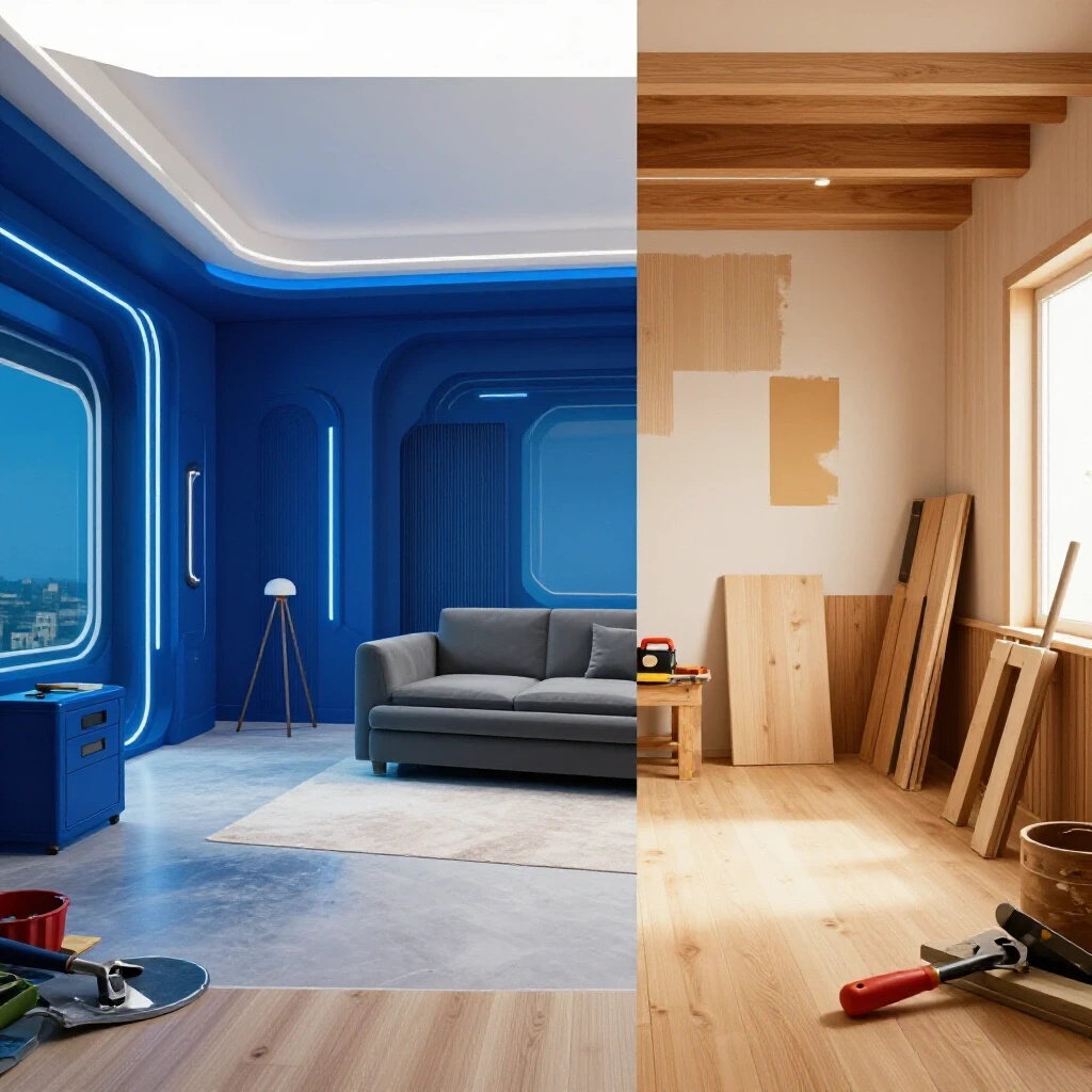 A split-image showing a digital futuristic room on one side and a warm, lived-in renovation space with tools on the other side.