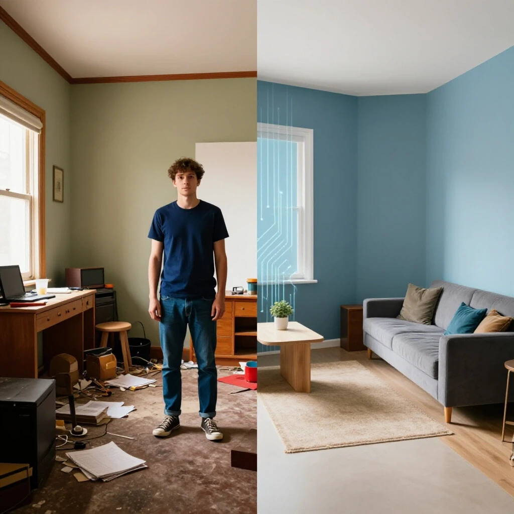 A split-image showing a cluttered room on the left and a modern renovated space on the right, symbolizing AI renovation planning.