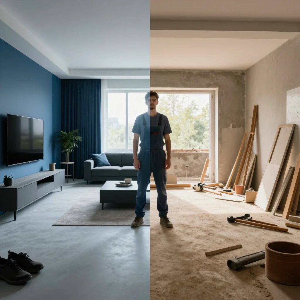A split image showing a modern AI-generated room contrasted with a traditional cluttered renovation site, highlighting differing renovation costs.