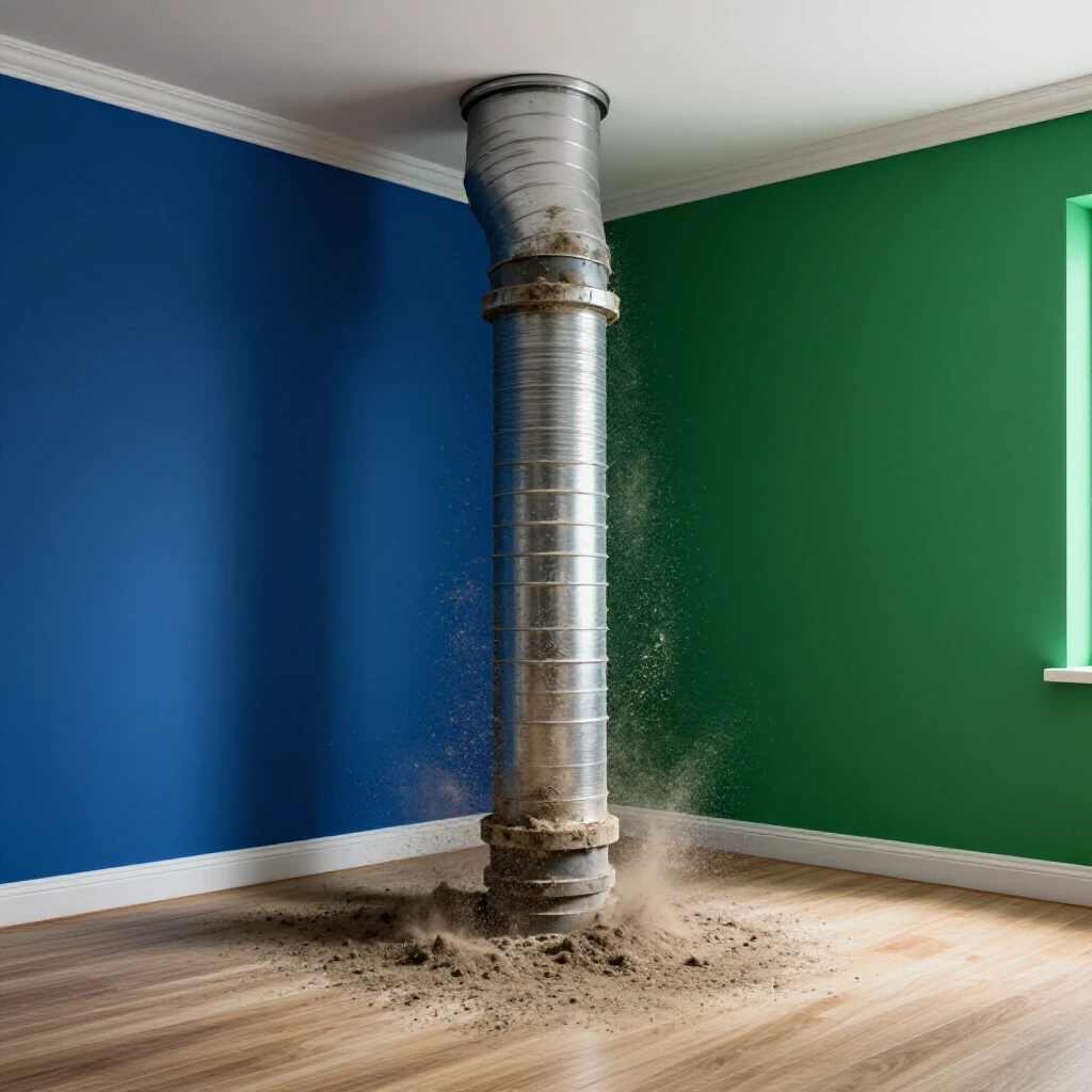 A vibrant, newly renovated room contrasted with a dusty air duct, illustrating air duct cleaning benefits.