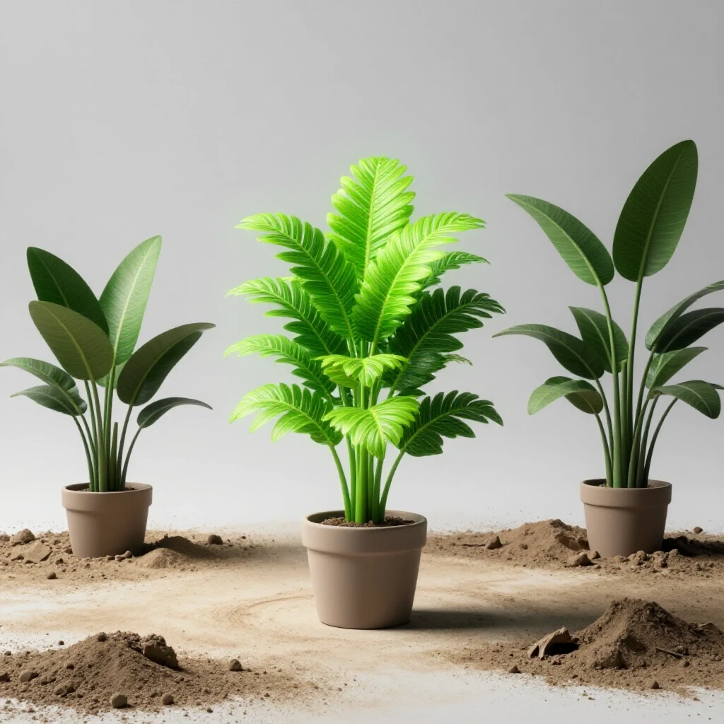 A vibrant living space with a glowing green plant, contrasted against a dull dusty space with a wilting plant, illustrating air quality impact.