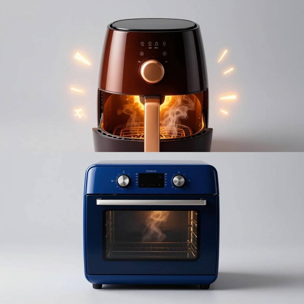 A vibrant comparison of an air fryer and a dim oven, highlighting energy efficiency and cooking action.