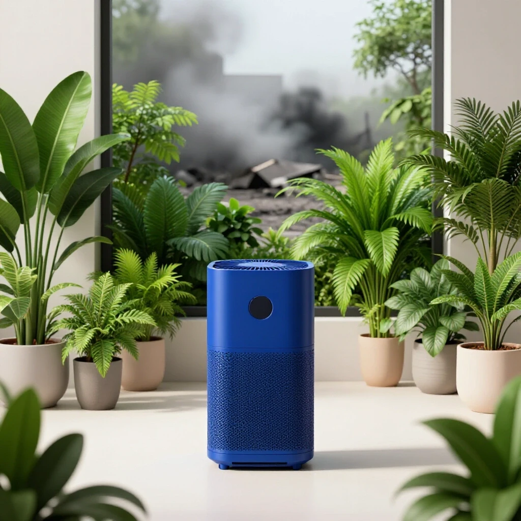 A sleek royal blue air purifier centered in a bright indoor space adorned with lush plants and a polluted outdoor view.