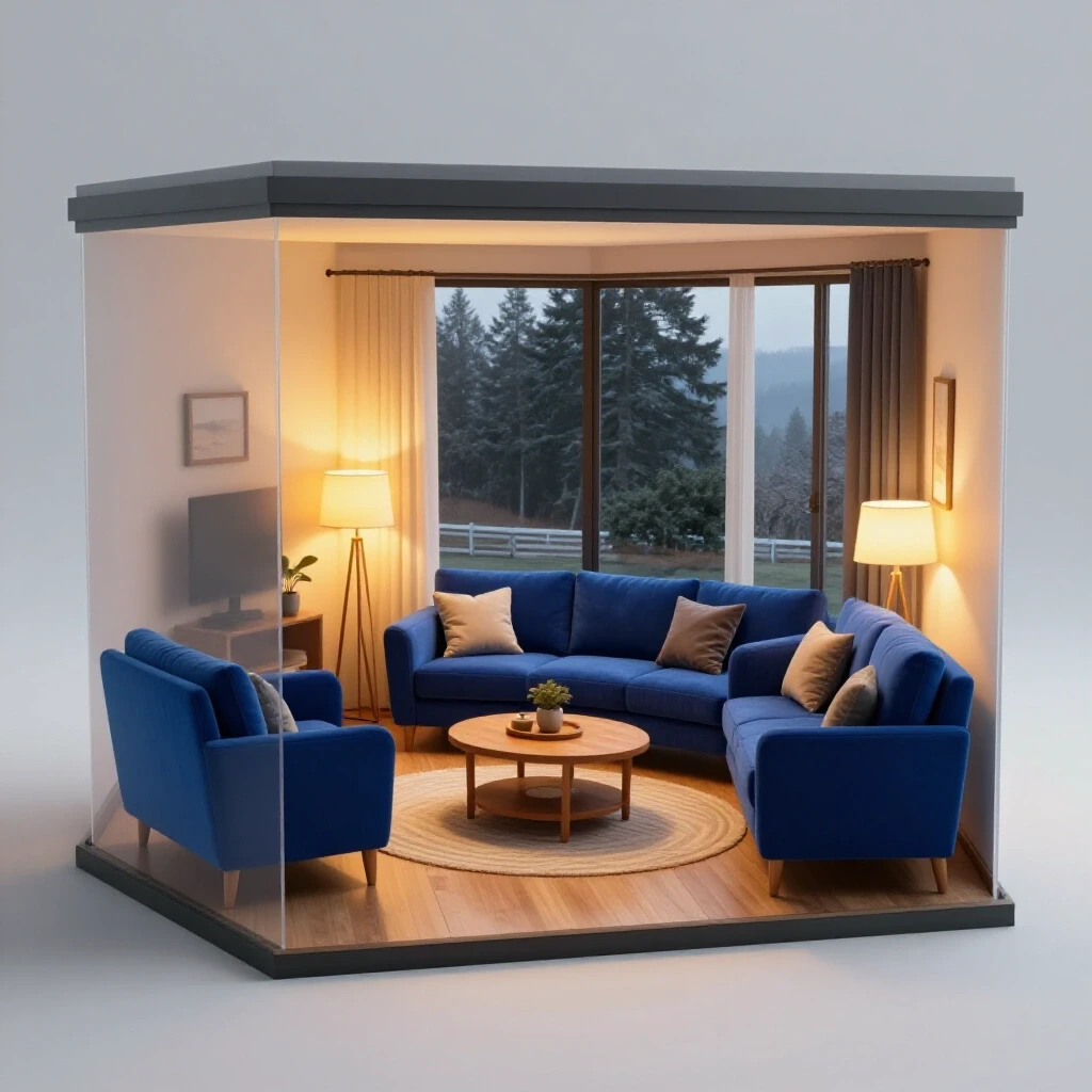 Cozy living room showing warm glow inside with cold exterior through window, symbolizing air sealing contrast.