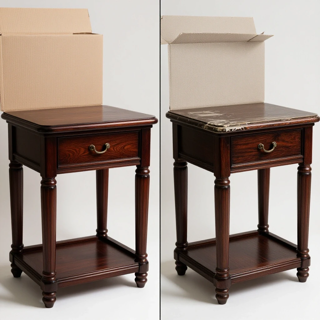 A split-screen image showing a new home decor product on one side and the same product worn out on the opposite side, highlighting durability.