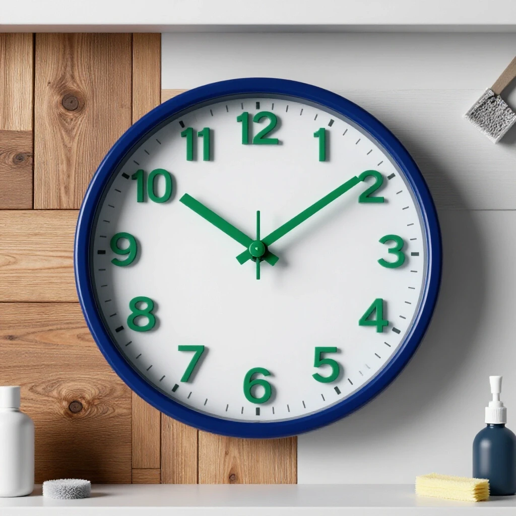 A beautifully crafted analog wall clock on a contrasting background of rustic wood and sleek modern surface, depicting a touch of elegance.
