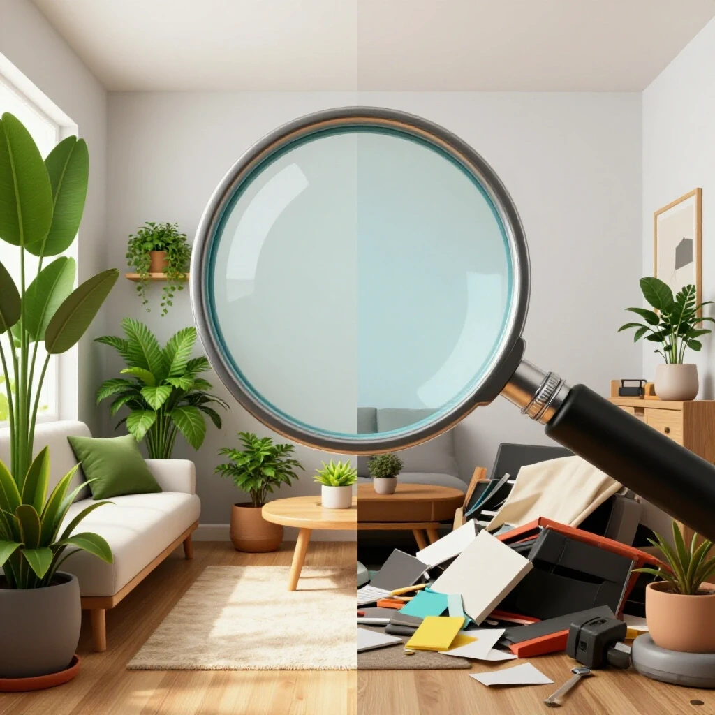 A split-view 3D illustration showing a cozy organized home interior versus a cluttered neglected space, symbolizing home inspection.