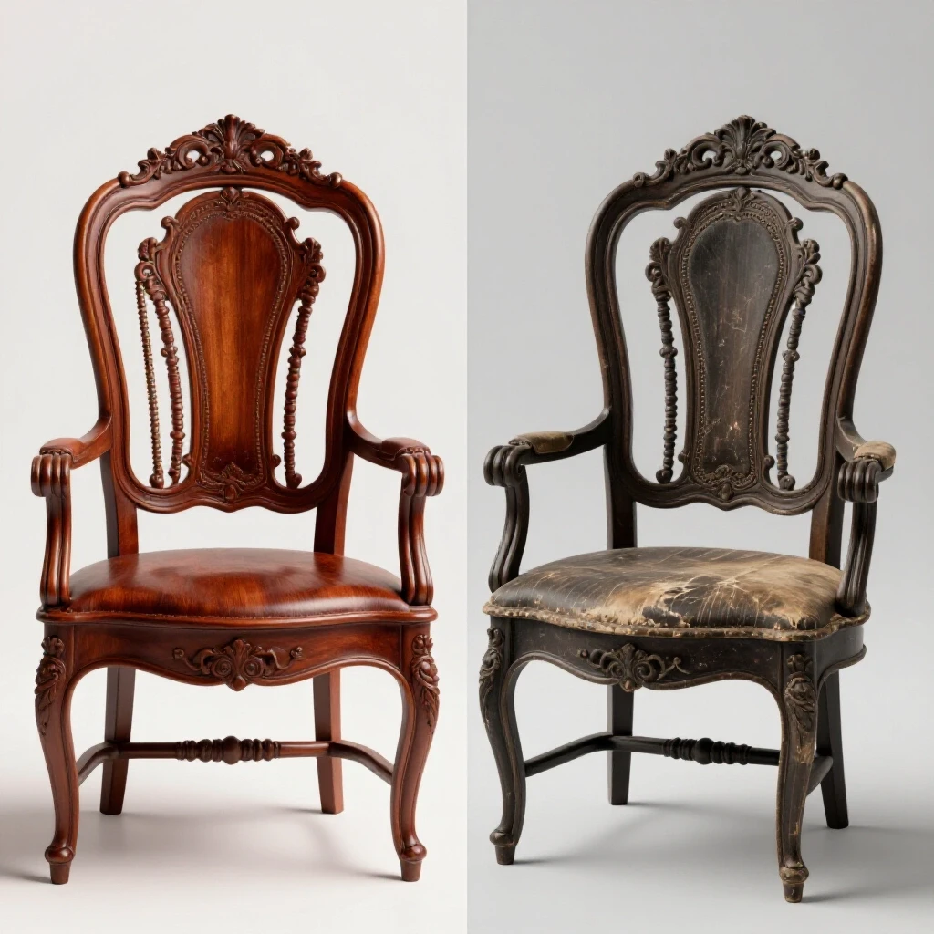 A visually striking split image of an antique chair, showing its restored rich tones on one side and distressed condition on the other, highlighting repair contrasts.