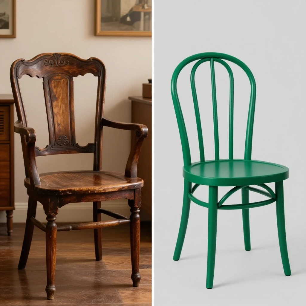 A split image showcasing an antique chair on the left and a modern chair on the right in a cozy room, highlighting durability and style differences.