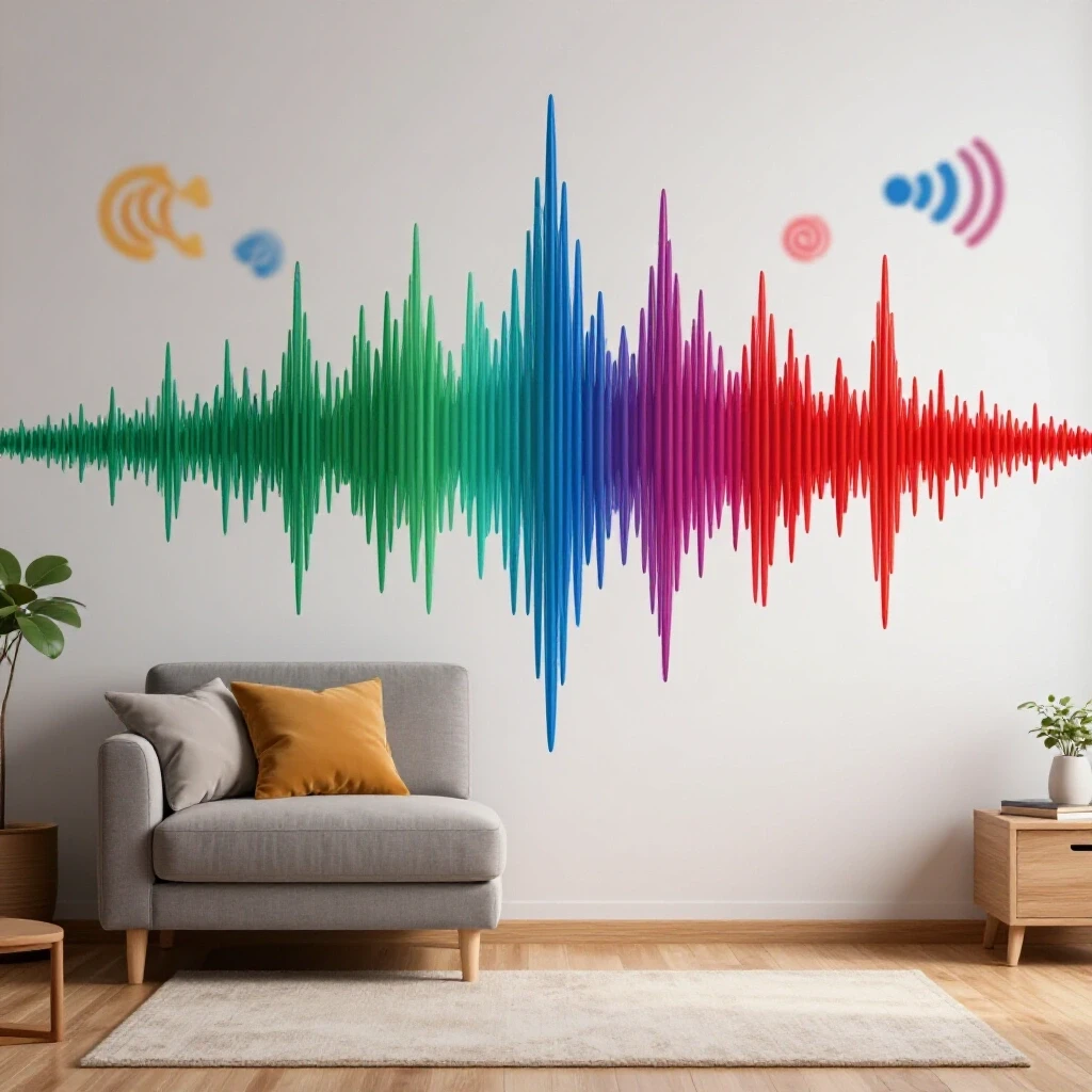 A serene apartment scene contrasting chaotic sound waves with rich colors, illustrating noise reduction strategies.