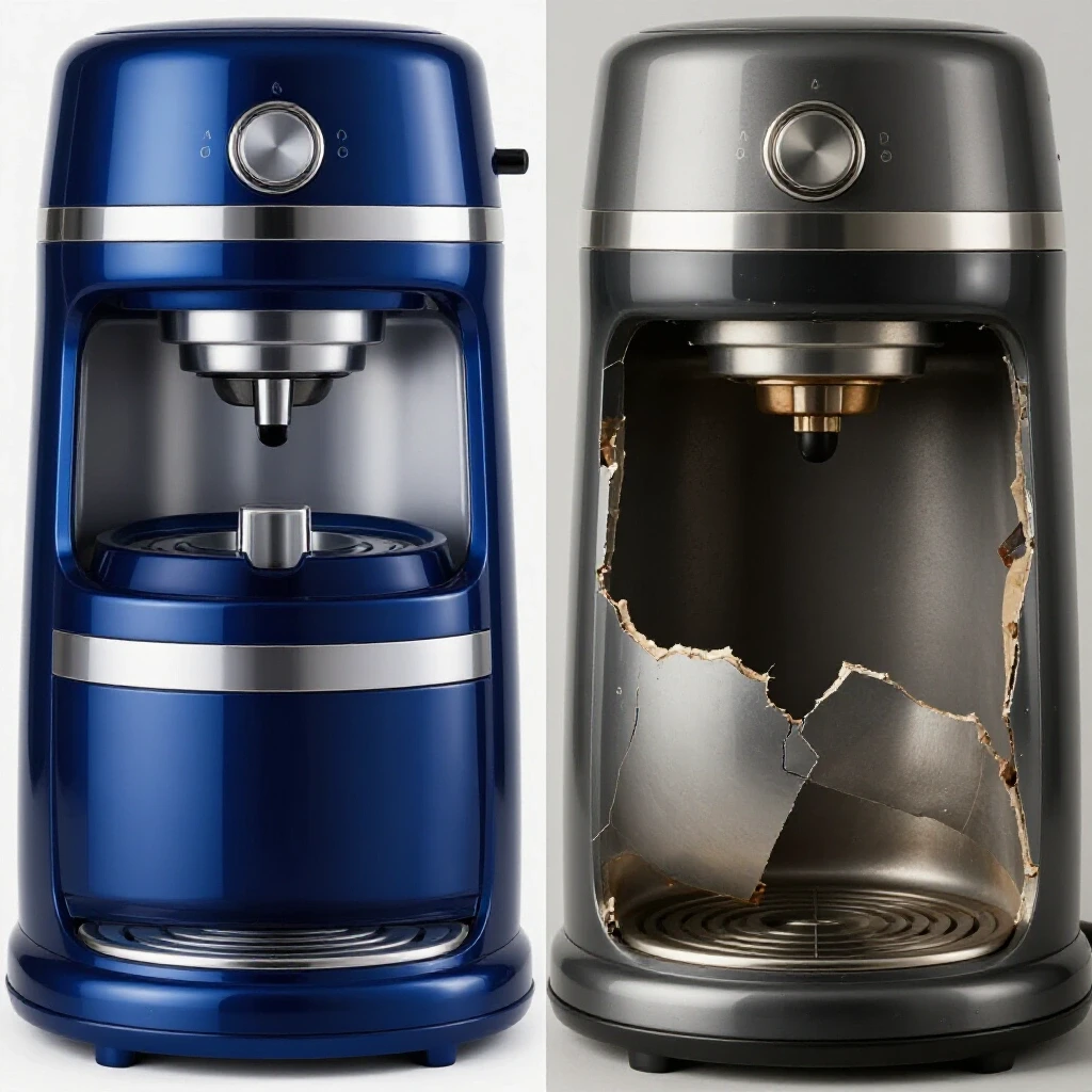 A split-image showing a shiny new kitchen appliance in vibrant blue next to a broken old version, emphasizing appliance buying mistakes.