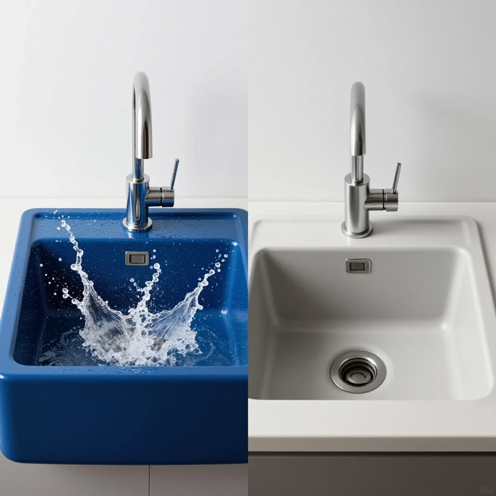 A vibrant split-image illustrating an apron sink with dynamic water splashes versus a standard sink with minimal splashing.