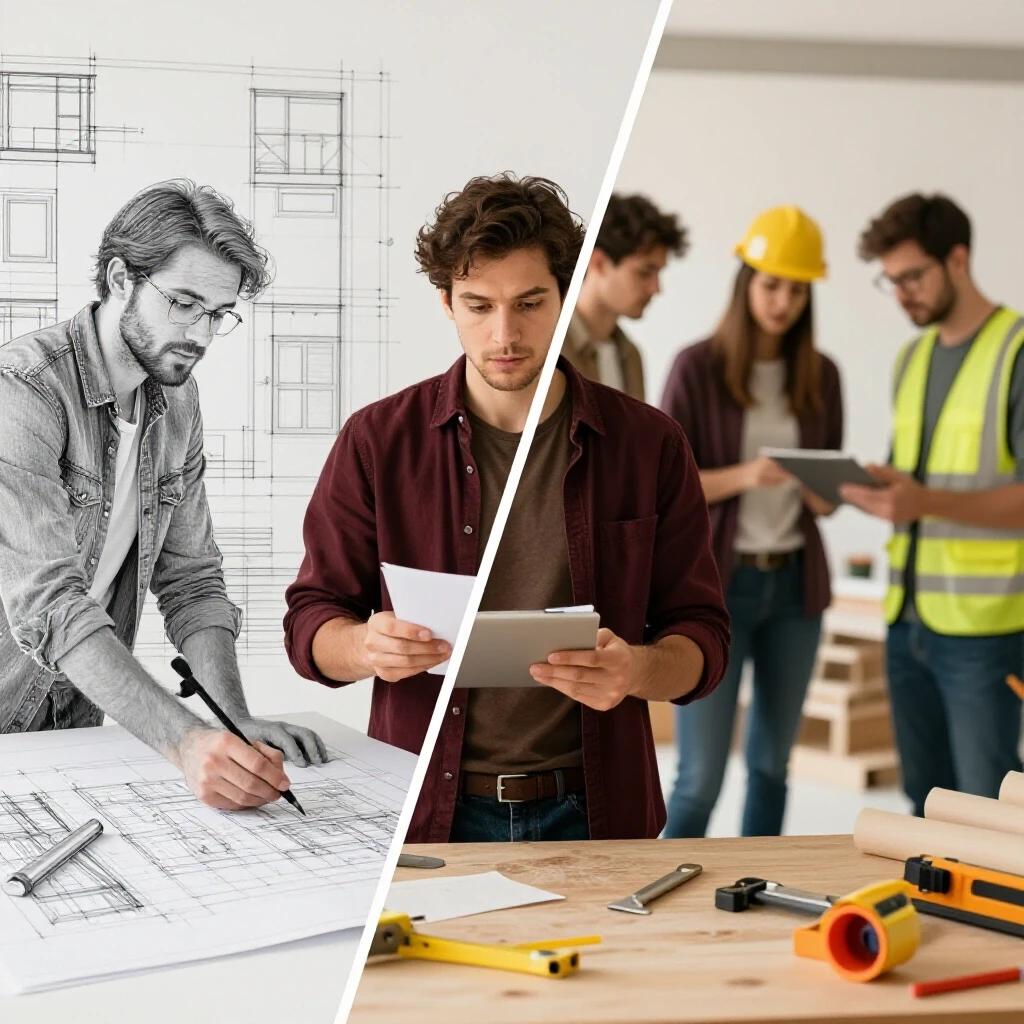 A split image comparing an architect with blueprints and a design-build team working on renovation materials, showcasing their contrasting approaches.