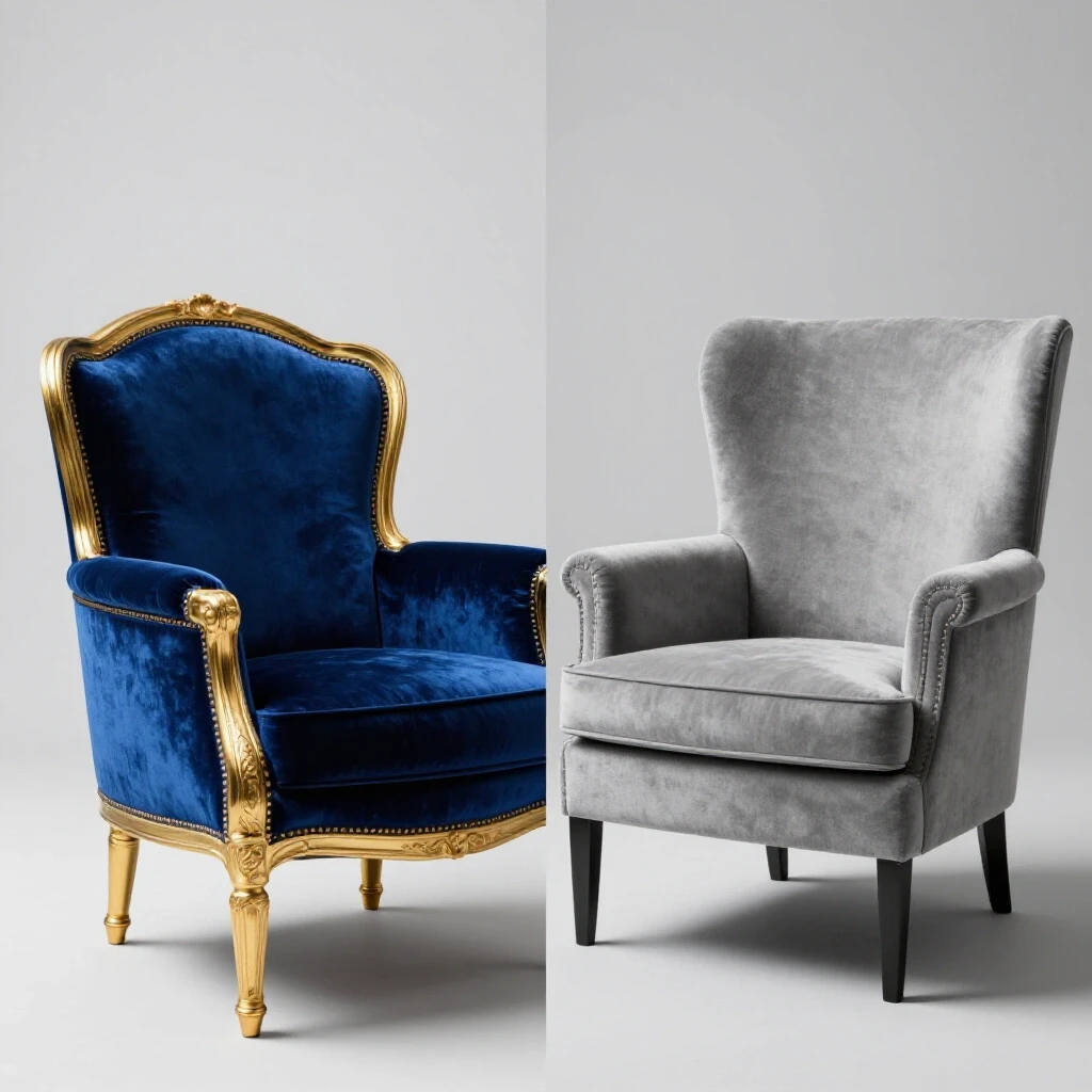 A split-image showcasing a luxurious royal blue velvet armchair and a stylish gray budget-friendly armchair against a light grey background.