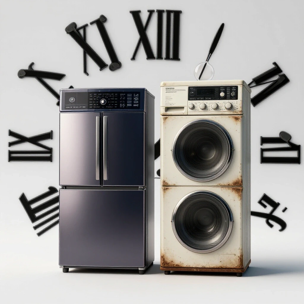 A polished 3D comparison of a shiny new home appliance next to a worn-out version, with a subtle clock to symbolize time.