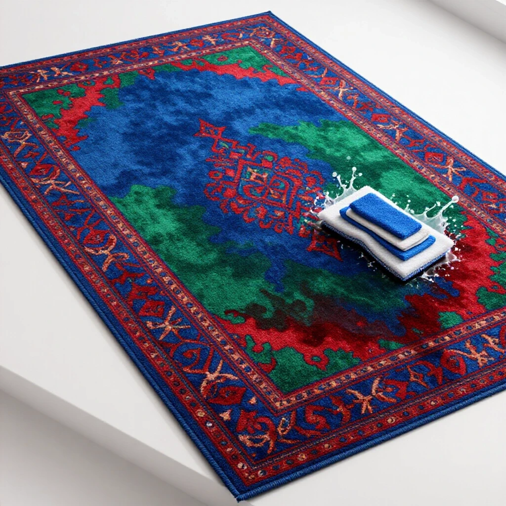 A vibrant area rug displaying spill test results, partially stained on one side while the other remains clean, set against a bright background.