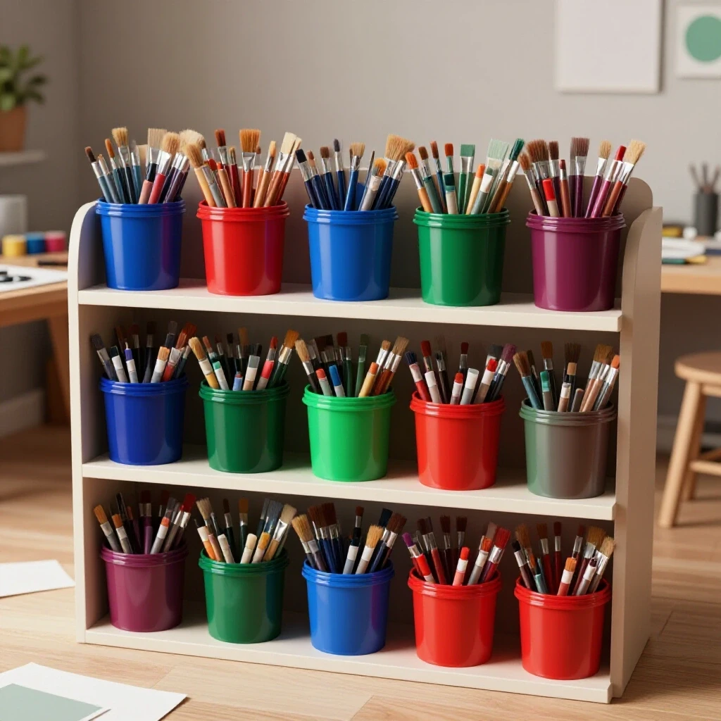 A vibrant organized art supply storage area with colorful containers highlighted against a chaotic workspace background.