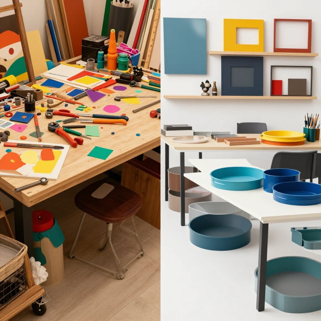 A split image contrasting a chaotic DIY workspace with tools and materials on one side and a neat assembly area with completed projects on the other.