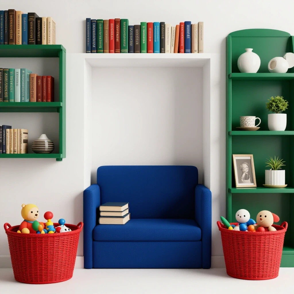 A beautifully organized room showcasing distinct sections for books, toys, and decor in vibrant contrasting colors.