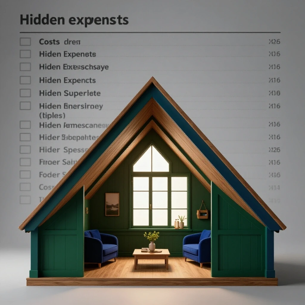 A beautifully designed attic with rich colors contrasted by a shadowy checklist of costs in the background.