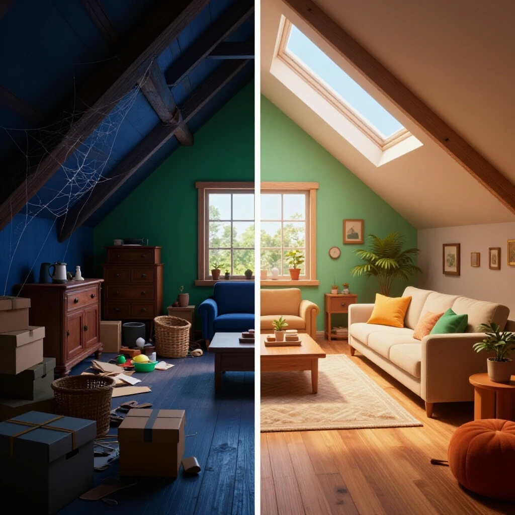 A vibrant split-scene image showcasing an attic conversion: a cluttered attic on one side and a cozy living space on the other.