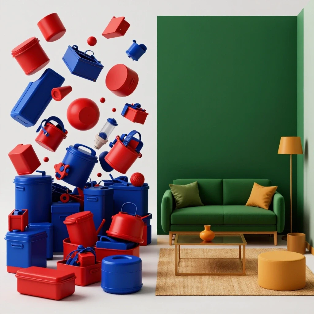 A split scene showing a chaotic moving space filled with clutter and a serene organized room highlighting minimalist decor.