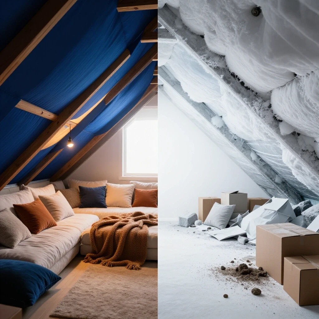 A split-image showing a cozy insulated attic contrasted with a cold, disheveled attic to depict insulation mistakes.