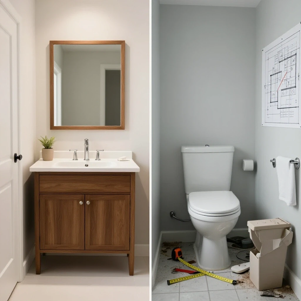 A split-image comparison of a beautiful remodeled bathroom and a cluttered, poorly designed one, highlighting remodeling mistakes.