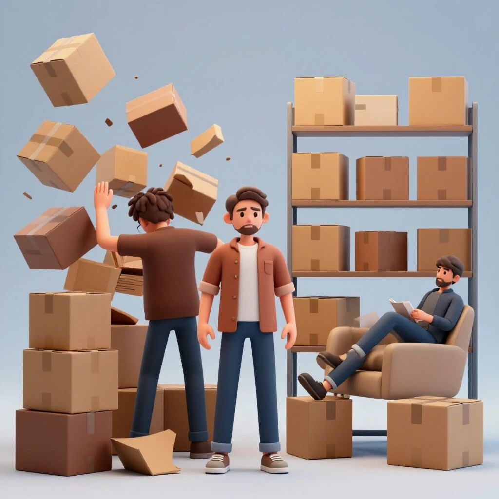 A split scene showing chaos of moving on one side and an organized moving scene on the other, highlighting the contrast.