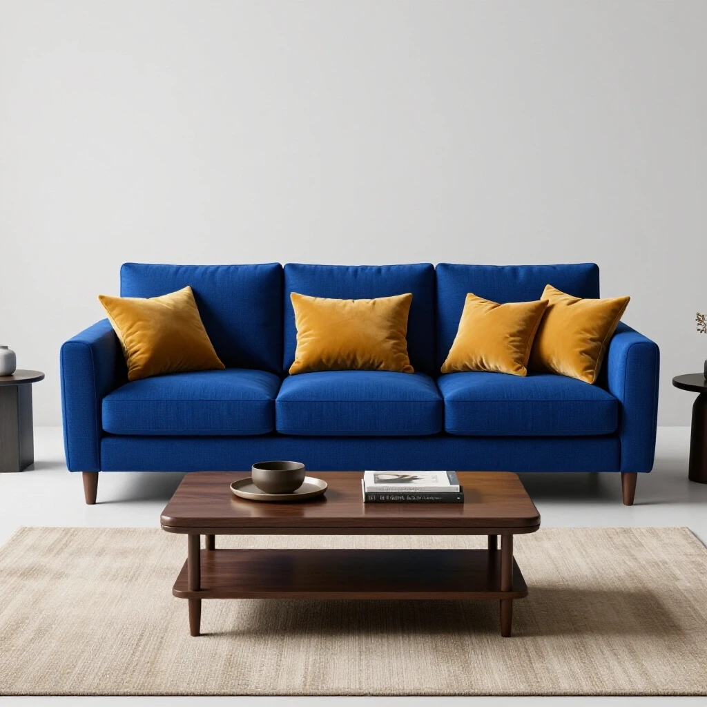 Stylishly arranged living room featuring a slight misplacement of a deep royal blue sofa among decorative cushions and a coffee table.