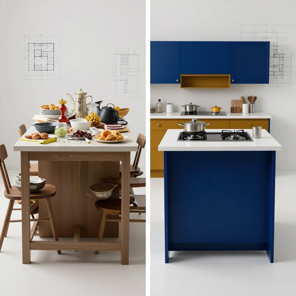 A split image of a chaotic kitchen island versus a sleek, organized kitchen island, illustrating size mistakes and solutions.