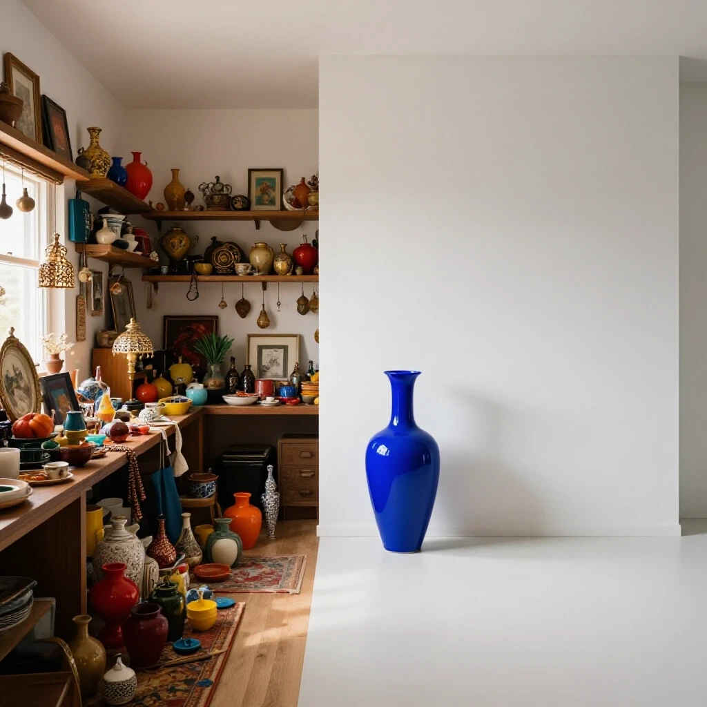 A split scene showing a cluttered, overly decorated room contrasted with a minimalist, cozy space featuring a striking blue vase.
