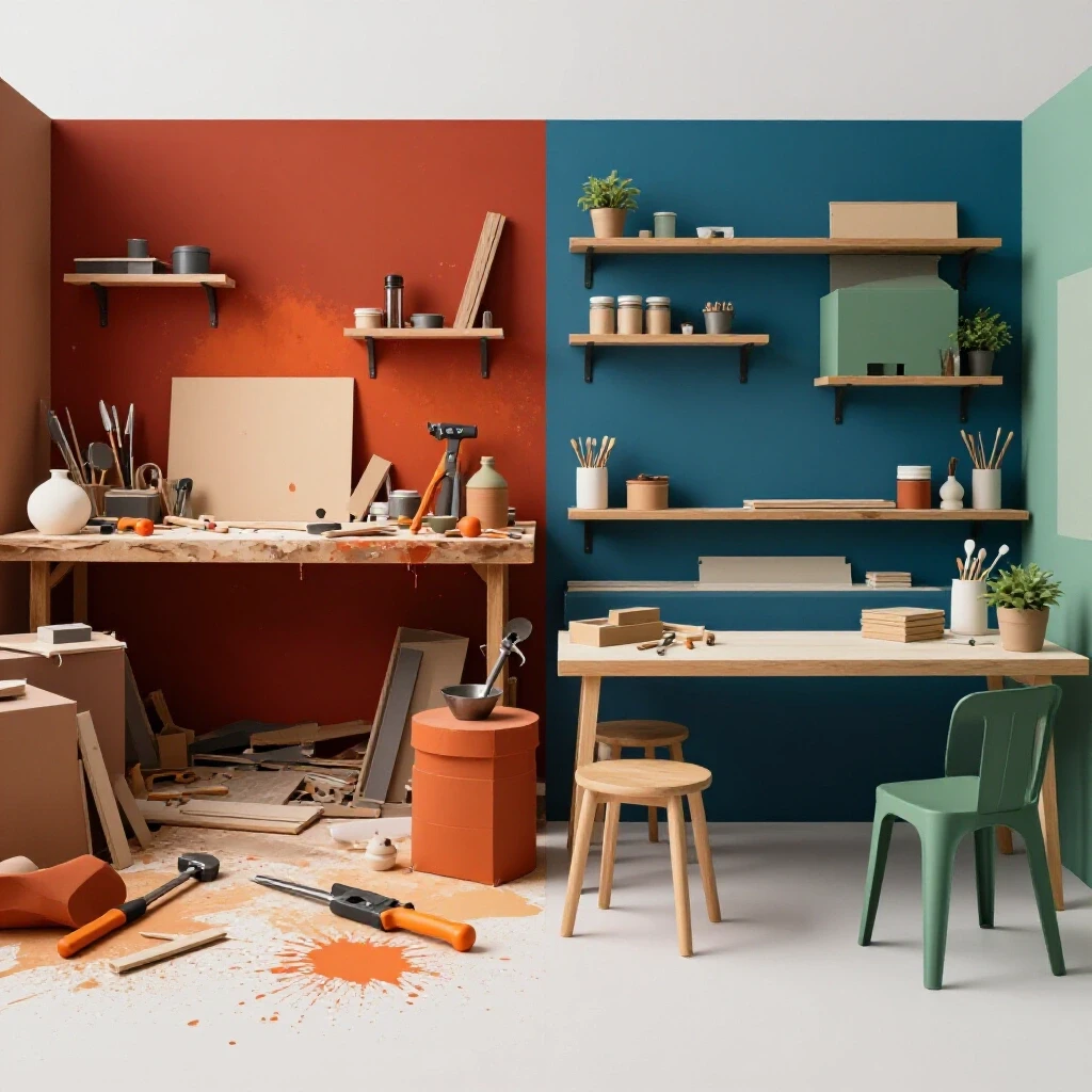 A split scene image showing a chaotic DIY workspace on one side and a serene, organized space on the other, illustrating project burnout contrast.