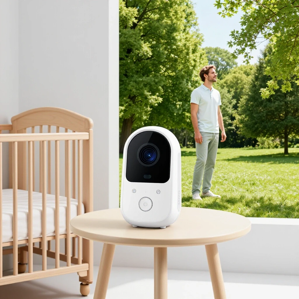 A cozy nursery with a crib and a baby monitor, juxtaposed with a parent using the monitor outdoors, highlighting battery life and range.