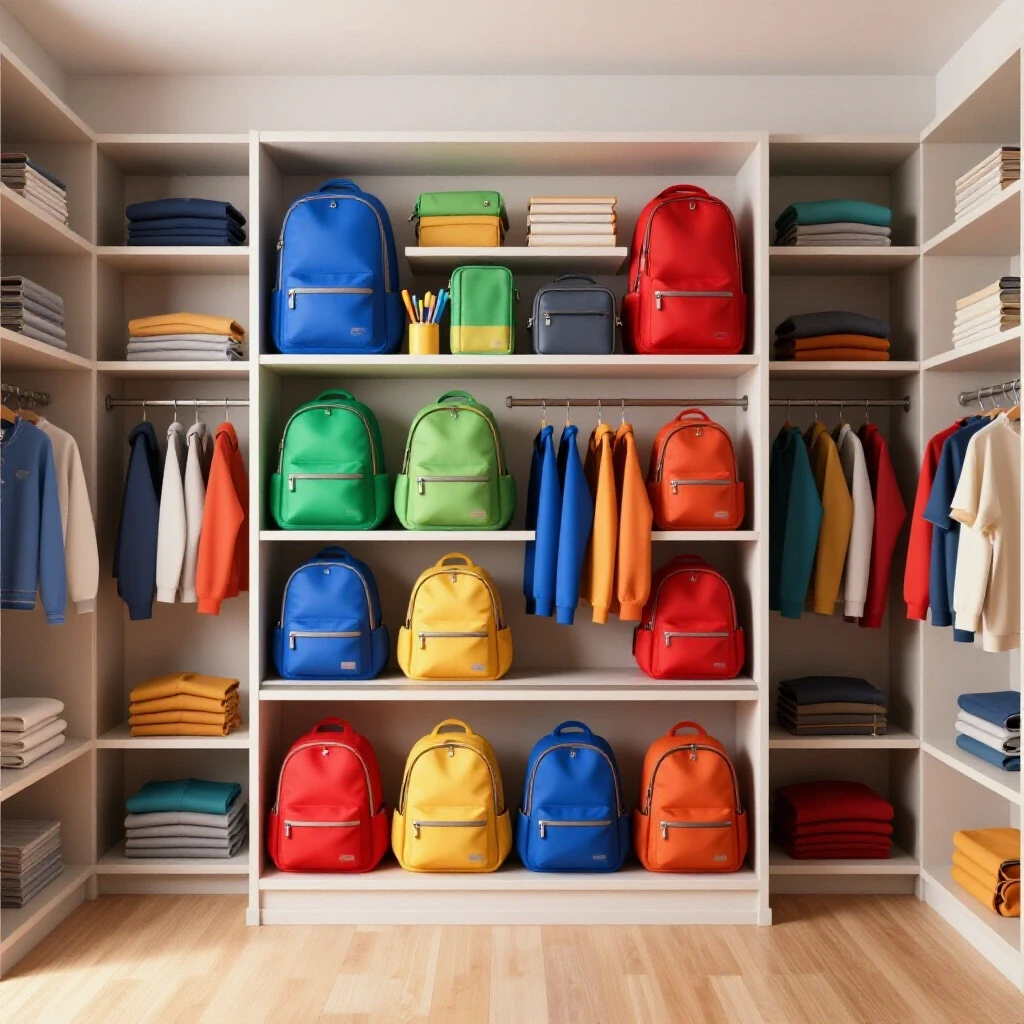 A perfectly organized closet showcasing vibrant school supplies and backpacks in rainbow order, contrasted by a chaotic closet in the background.