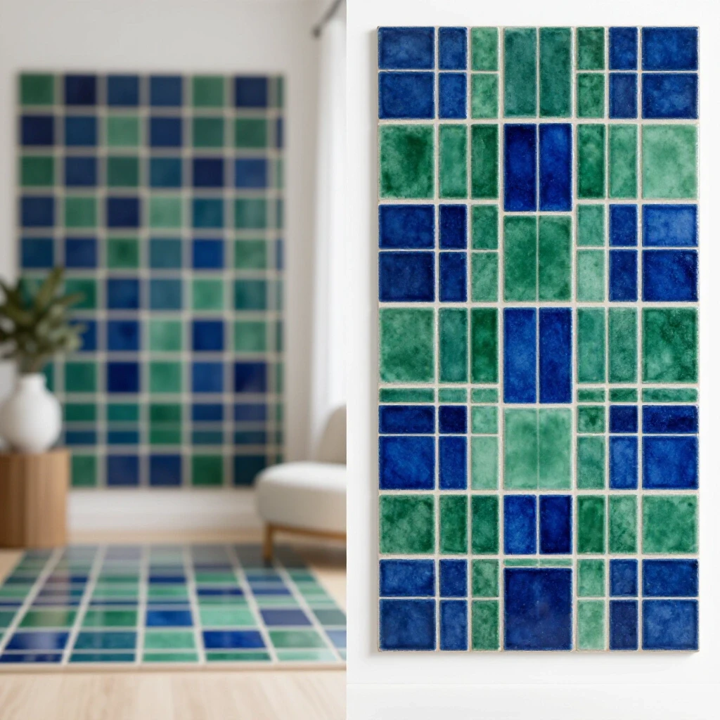 A split-image showing a blurred original tile and a vibrant alternative tile in a beautifully styled room.