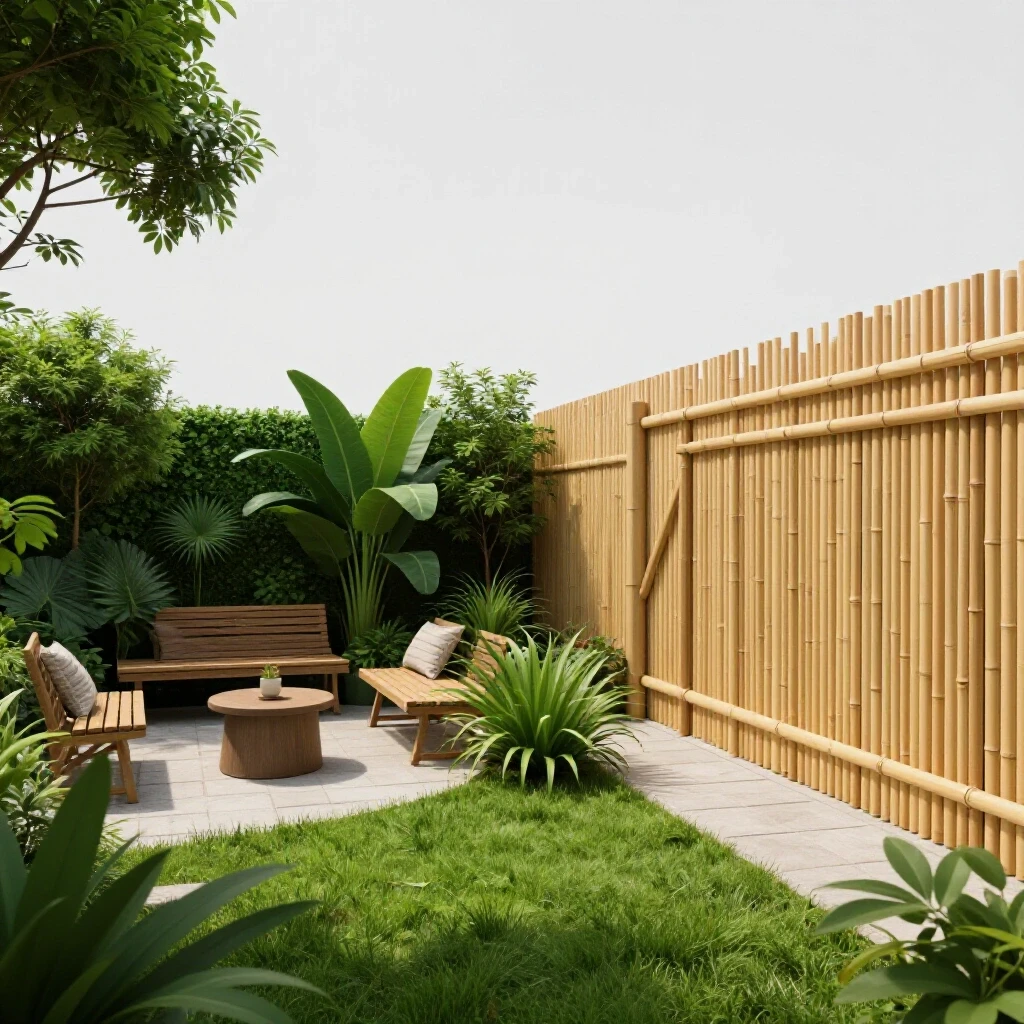 A vibrant backyard oasis with lush greenery and cozy seating on one side, contrasted by a stark, unfinished fence made of bamboo and lattice.