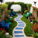 A vibrant transition from a cozy small backyard to a beautifully landscaped larger backyard with a colorful pathway.