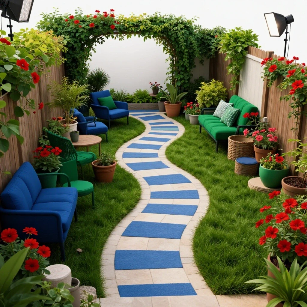 A vibrant transition from a cozy small backyard to a beautifully landscaped larger backyard with a colorful pathway.