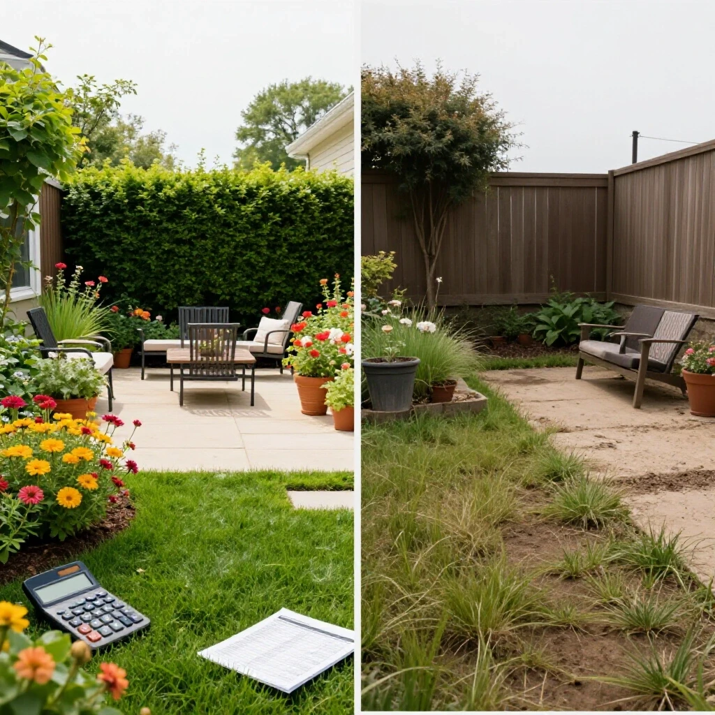 A split-screen image showing a vibrant updated backyard on one side and a dull neglected backyard on the other, with financial elements subtly included.